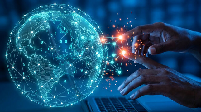 Glowing digital globe with binary code, hands interacting with a network, symbolizing global connectivity, technology, and data transfer