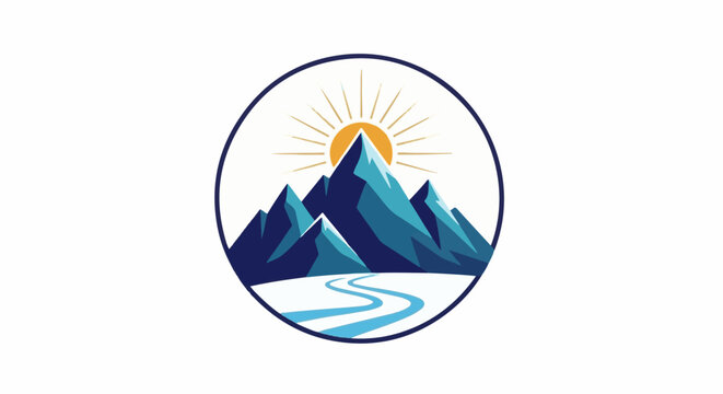 Abstract mountains with sun and river inside a circle