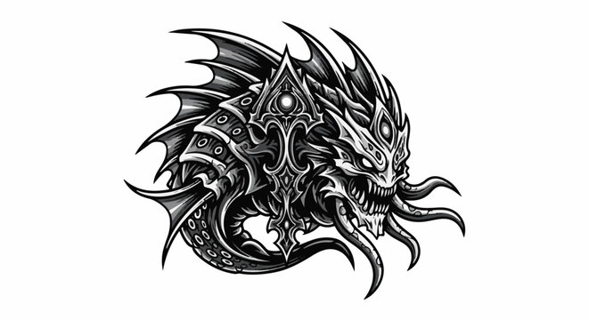 A fearsome, armored creature with a gaping maw, sharp teeth, and flowing tentacles