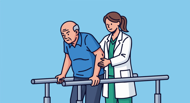 A physical therapist assists an elderly man with rehabilitation exercises using parallel bars
