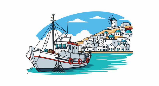A charming illustrated scene of a fishing boat near a picturesque white village with blue domes
