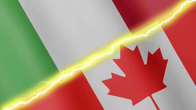 Two waving flags Italy and Canada with diagonal lightning seamless, 4k loop