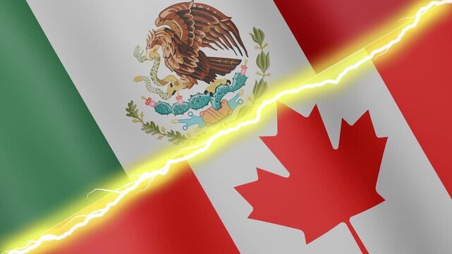 Two waving flags Mexico and Canada with diagonal lightning seamless, 4k loop