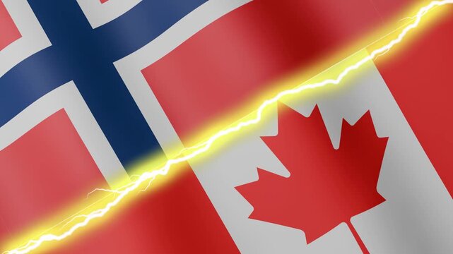 Two waving flags Norway and Canada with diagonal lightning seamless, 4k loop