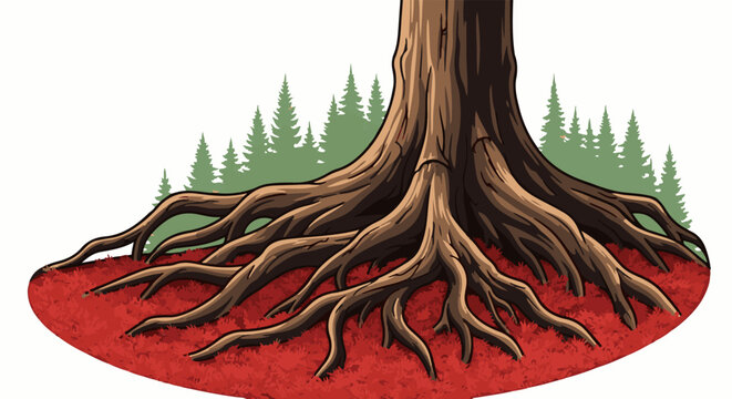 Close-up of a large tree trunk base with sprawling brown roots spread across a bed of vibrant red leaves and a forest of green trees behind