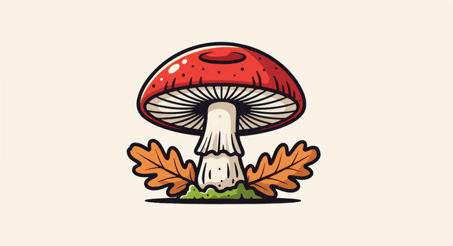 A vibrant red capped mushroom with white gills and stem, framed by two autumn oak leaves