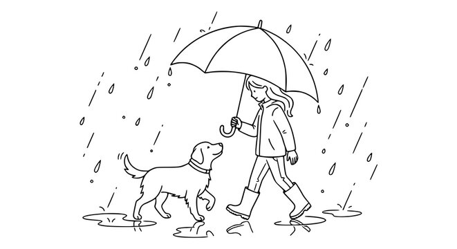 Rainy day girl and dog outline illustration vector art