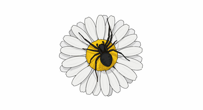 Detailed illustration of a black spider resting on a white daisy with a yellow center