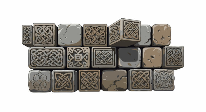 A collection of stone blocks, some with intricate knotwork carvings, others are rough and textured