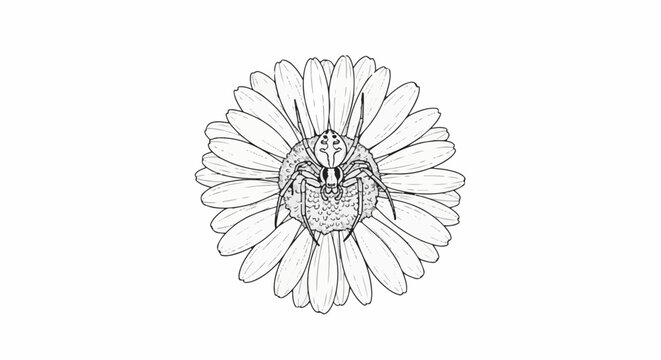 Detailed sketch of a spider perched on a daisy's center