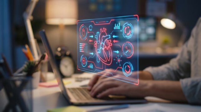Digital Health and Medicine Concept: Holographic UI of Anatomical Heart with Predictive Analytics over Blurred Workspace