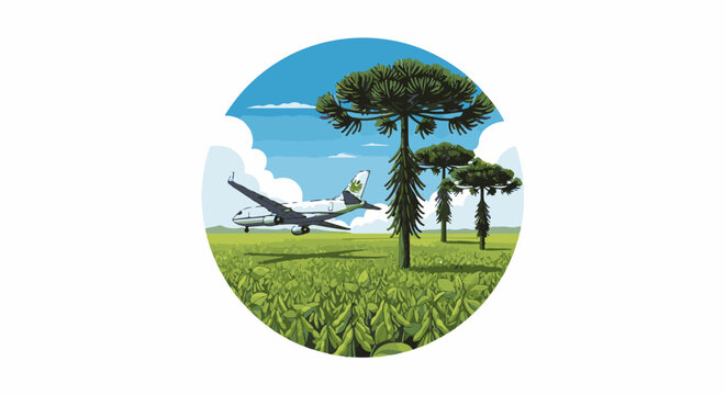 A pixel art scene depicts a plane flying over a green field with trees and clouds