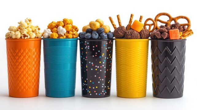 Five colorful cups filled with various snacks like popcorn, blueberries, cereal, pretzels, and candy isolated on white background