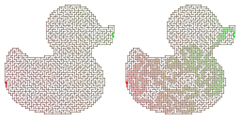 Fototapeta premium Maze design featuring a rubber duck with start and finish points 