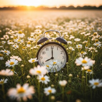 Alarm clock in a field of daisies at sunrise