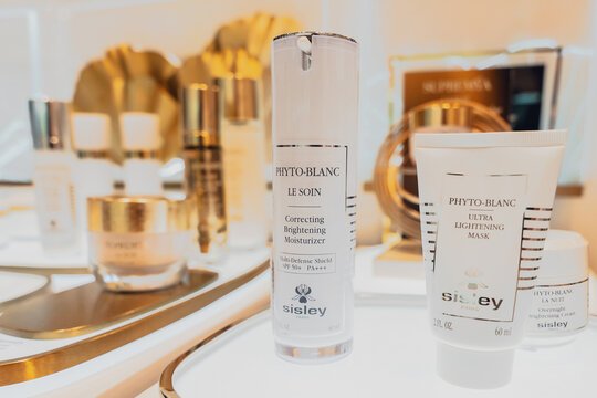 Almaty, Kazakhstan - August 03, 2025: The Sisley Phyto-Blanc facial cosmetics line on display
