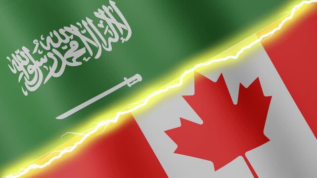 Two waving flags Saudi Arabia and Canada with diagonal lightning seamless, 4k loop