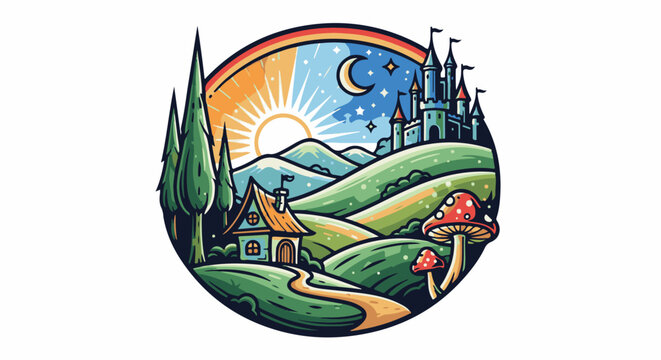 Enchanted fairy tale landscape with whimsical house, castle, and magical mushrooms under a rainbow