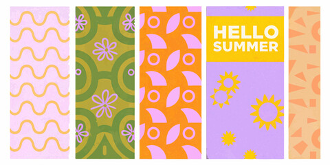 Obraz premium hello summer posters with colorful patterns waves flowers circles suns triangles geometric