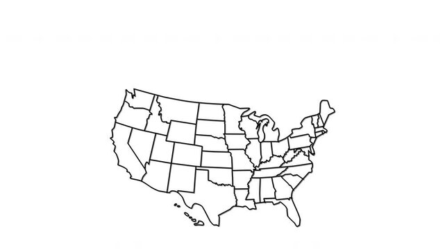 USA Map Self Drawing Animation, Fast Outline of States, Line Art. Black line on white background.