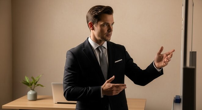Business Professional Delivering A Presentation In A Modern Office Environment