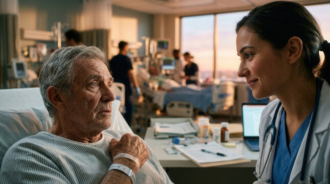 Compassionate Doctor Discusses Healthcare With Senior Patient in Hospital Room