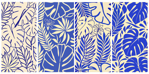 four tropical leaf patterns in deep blue and cream pattern floral botanical © RanjanKumar