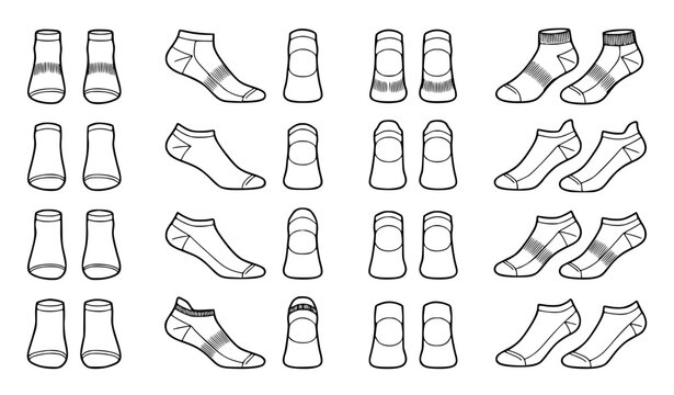 Ankle Length Socks Flat Sketch Vector Template Set for Men and Women Fashion CAD Drawing Mockup