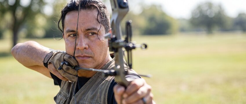 Hispanic archer aiming compound bow in sunny outdoor field, male athlete concentrating on target during professional sport training, determined man recreation hobby activity banner close up portrait.