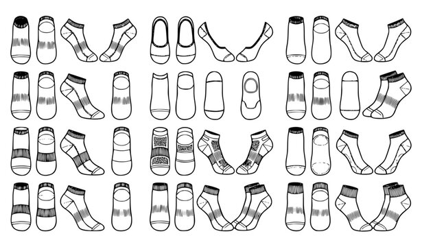 Men and Women Liner Socks Technical Fashion Illustration Set with Flat CAD Sketch Templates