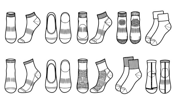 Anklet Socks Fashion CAD Drawing Template Collection Flat Technical Sketch Vector Set