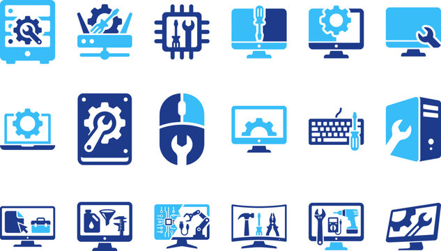 Computer repair service icons tools software diagnostics and hardware maintenance.