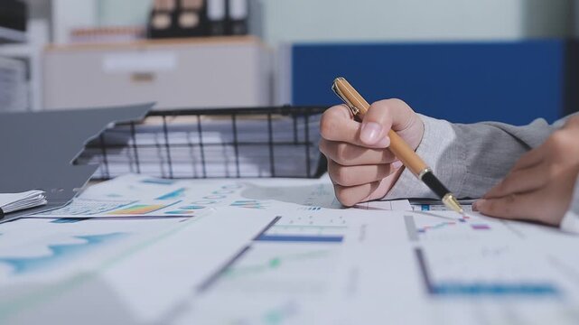 Two accountants examining financial documents using a calculator, taking notes, and discussing results, surrounded by documents and technology in a busy office environment. Audit and taxes in business