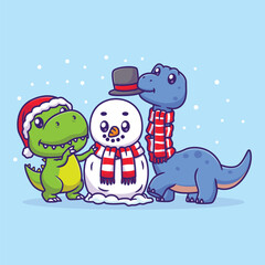 Cute dinosaurs building a snowman for christmas © Sumon 