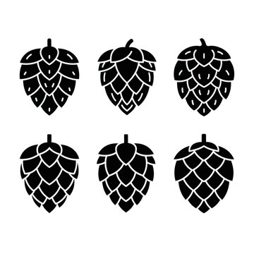 Set of Six Black Hop Cones Icons, Isolated on White Background, Craft Beer Ingredient