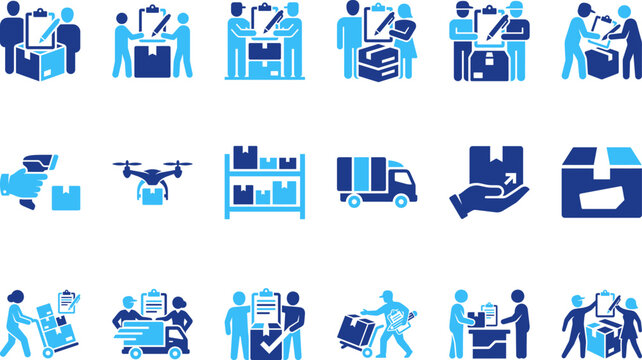 Logistics and delivery icons for shipping and transportation with trucks, drones and couriers on white background.