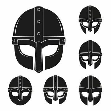 Collection of Viking Helmets Icons, Medieval Warrior Headgear, Black Silhouette Vector Graphics