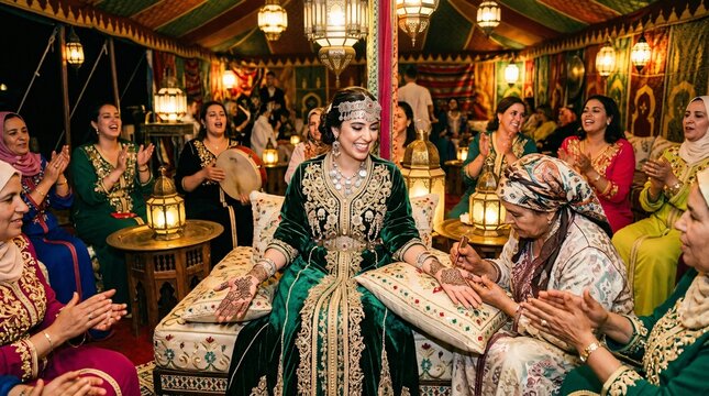 Moroccan Bride in Traditional Kaftan Celebrates Wedding Henna Party.