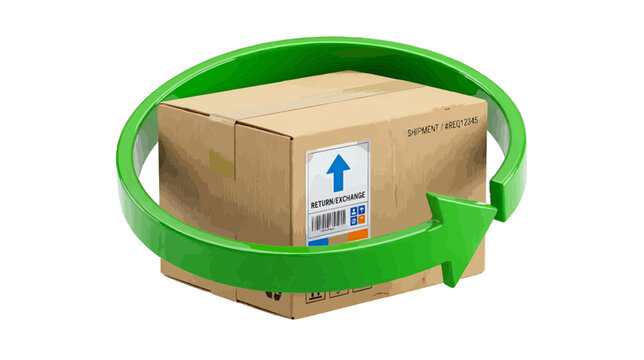 Vector illustration of cardboard shipping box with return and exchange label and green arrow icon on a transparent background