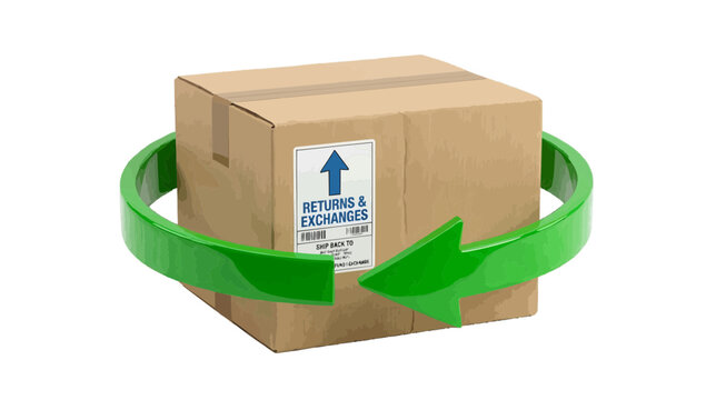 Vector illustration of cardboard box with returns and exchanges label and green circular arrows on a transparent background