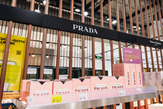 Almaty, Kazakhstan - August 03, 2025: Prada window display