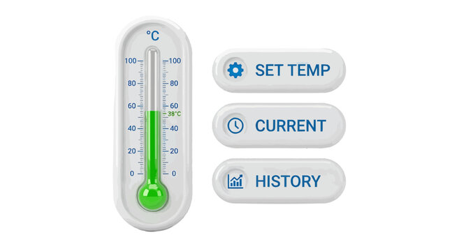 Vector illustration of digital thermometer interface with temperature settings and history buttons on a transparent background