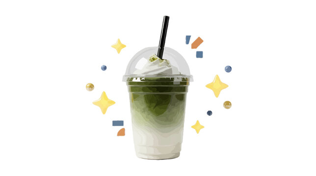 Vector illustration of iced matcha latte with whipped cream in a plastic cup on a transparent background