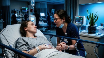 Obraz premium Compassionate Nurse Comforting Patient in Hospital Room Setting During Treatment