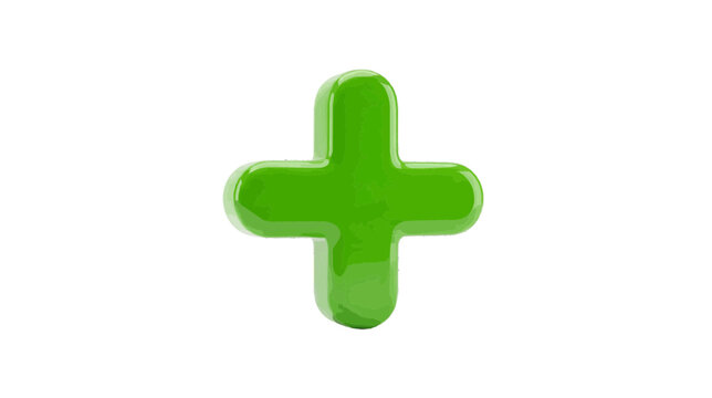 Vector illustration of 3d render of a glossy green plus sign on a transparent background