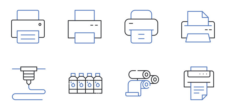 Printer Line Icons Set Inkjet Printer, Laser Printer, Document Printing, Receipt Printer, 3D Printer, Ink Cartridge, Paper Roll Editable Stroke Vector Illustration