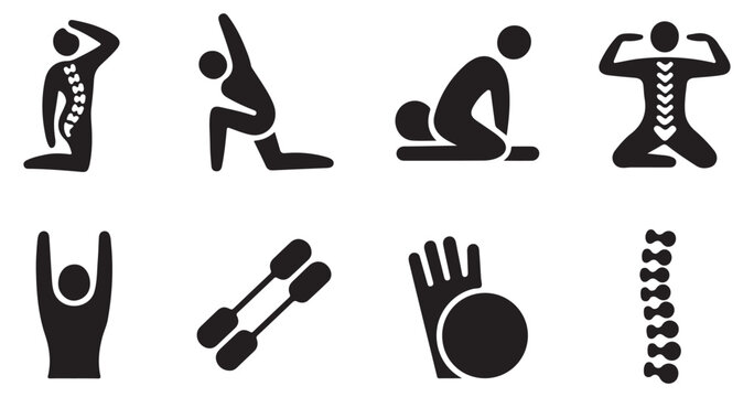 Physiotherapy and chiropractic spine care solid vector icon set