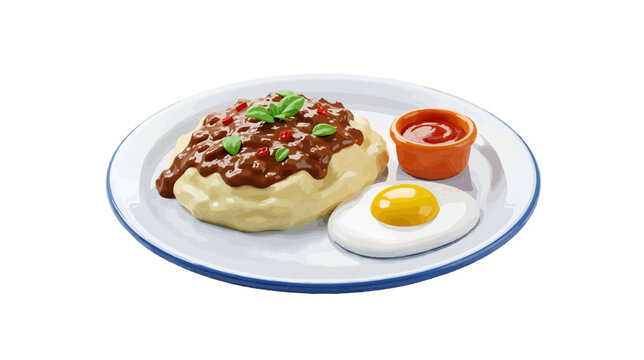 Vector illustration of loco moco dish with hamburger patty, gravy, egg and sauce a transparent background