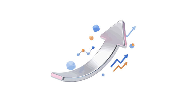 Vector illustration of 3d render of a metallic upward arrow with floating business growth icons on a transparent background