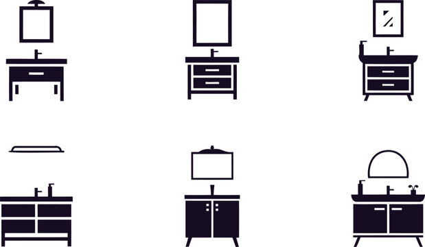 Collection of minimalist bathroom vanity icons with sinks and mirrors isolated on transparent background